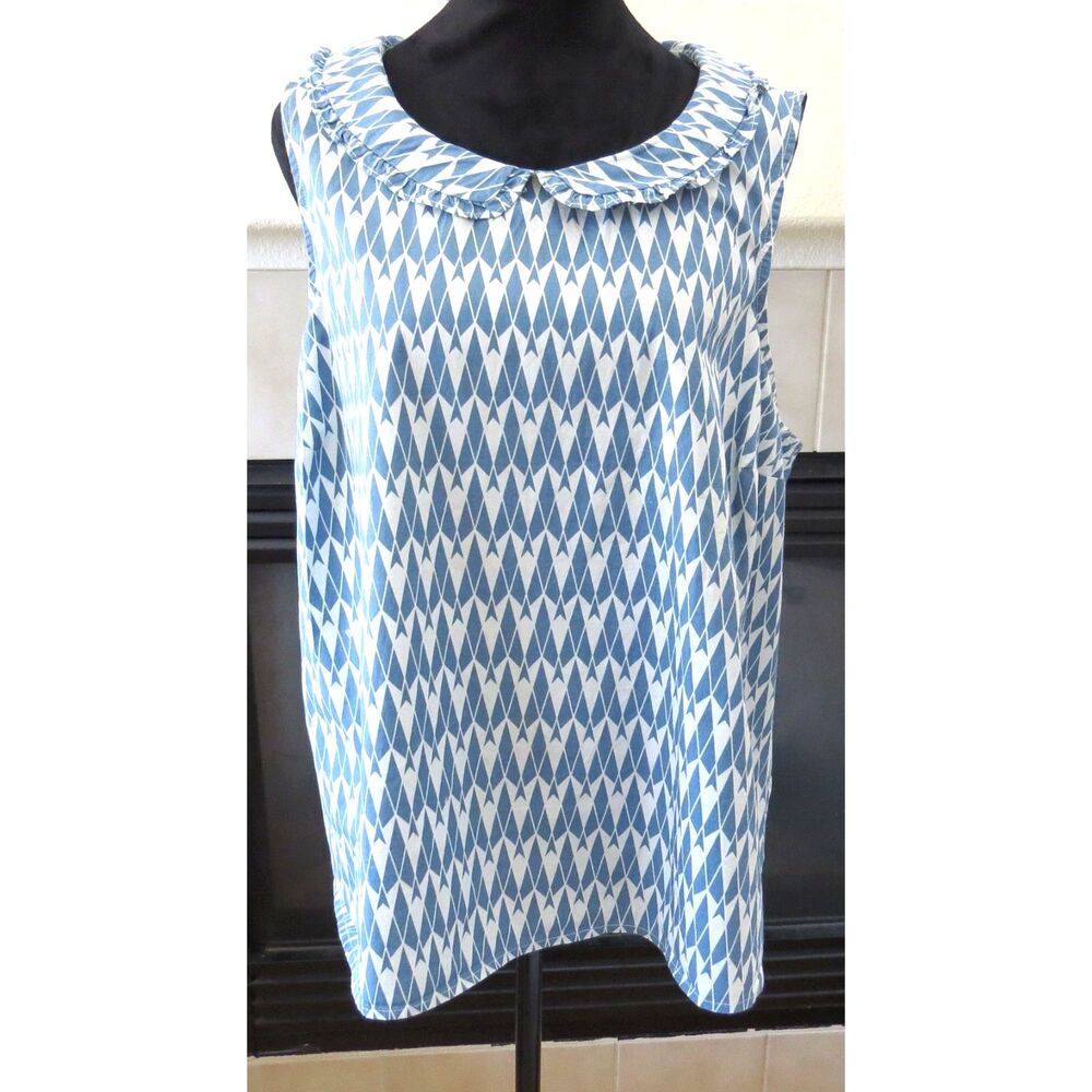 Modcloth Blue and White Geometric Sleeveless Blouse